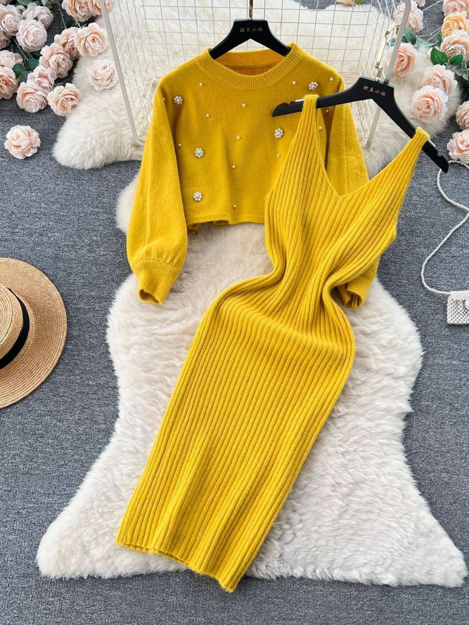 Ensemble de 2 pièces de robe  Pull court à manches longues perlées à col rond, ensembles assortis , robe taille haute,