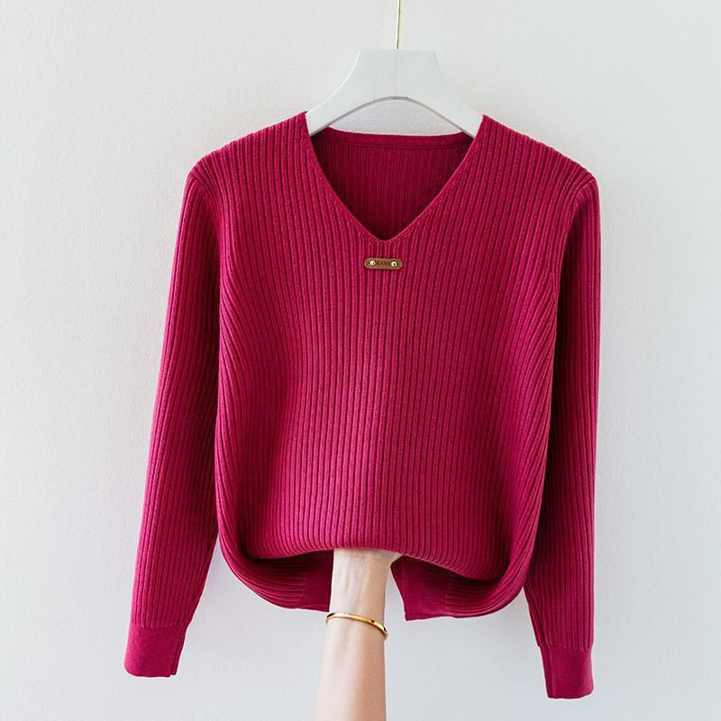 Nouveau Pull tricoté à Manches Longues Col en V Pull décontracté