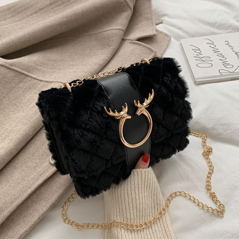 Sac à main de styliste en fourrure et peluche pour femmes, sacoche à bandoulière avec chaîne en forme de cerf, de luxe, collection hiver 2021