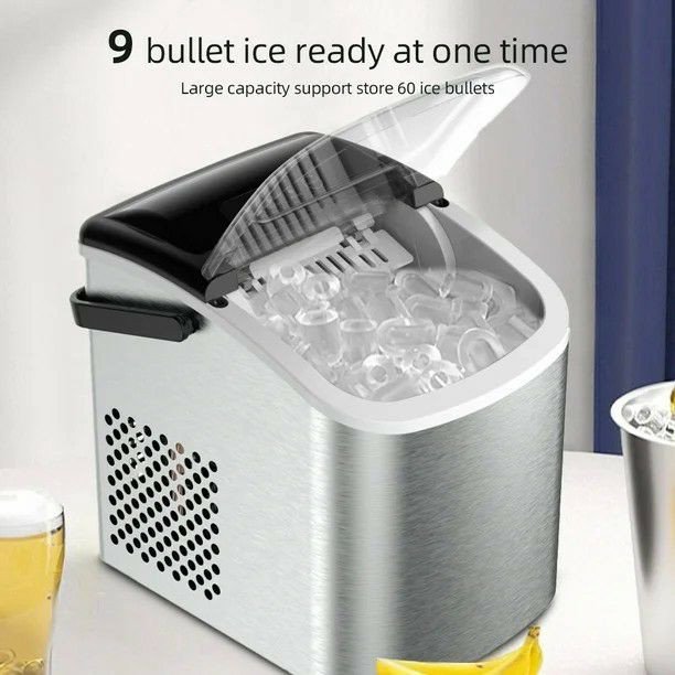Machine à glaçons avec poignée, 12 kg/24 h, 9 cubes en 6 minutes, machine à glaçons portable avec autonettoyant, panier à glace et pelle, parfaite pour la maison, la cuisine, le bar
